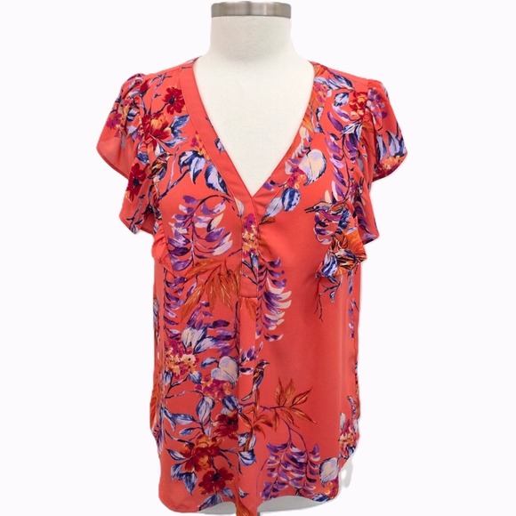 DR2 Tops - Womens M Coral Floral Ruffle Sleeve Blouse V-Neck Lightweight Boho‎ Top